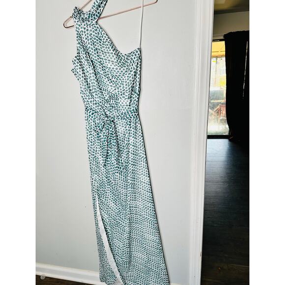 ELLE ZEITOUNE Blue Polka Dot Satin Halter Neckline Tie Waist Grace Gown Size L - Picture 5 of 16